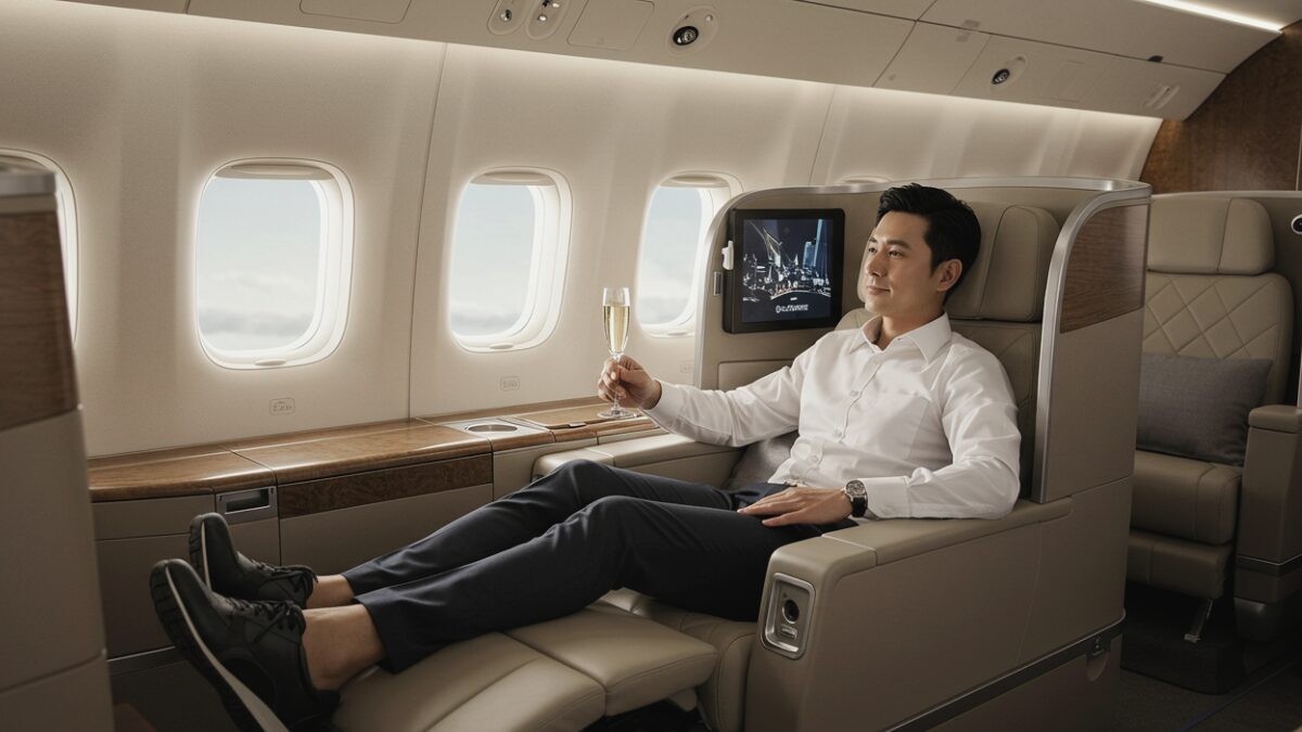 ファーストクラスでくつろぐ様子、高級感のあるインテリア